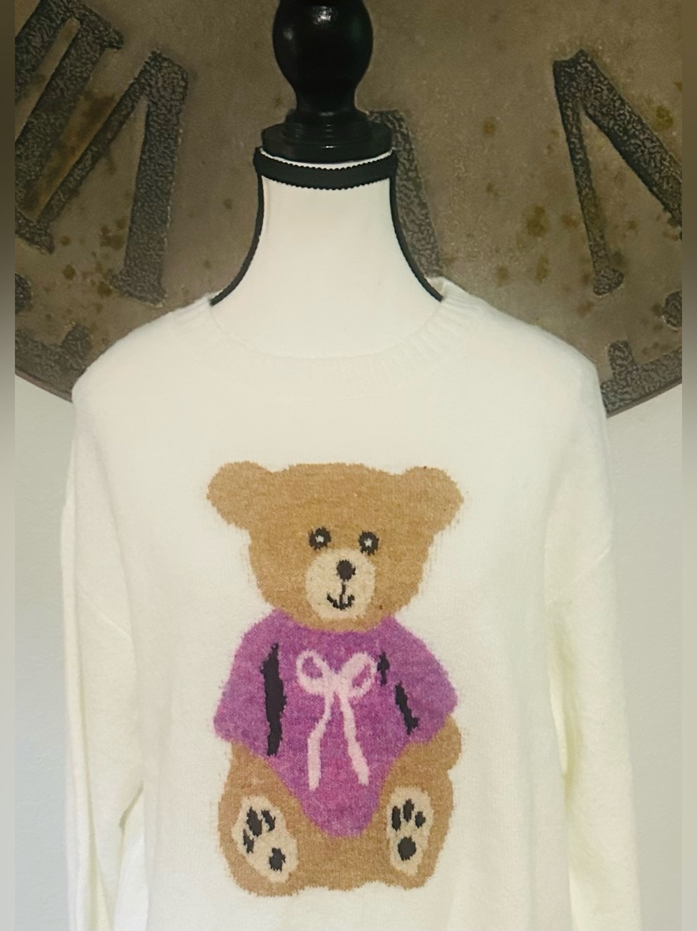 Simply Southern White Sweater with Brown Teddy and Purple Accent